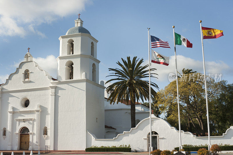 Mission San Luis Rey de France Facade, Flags, Oceanside, California